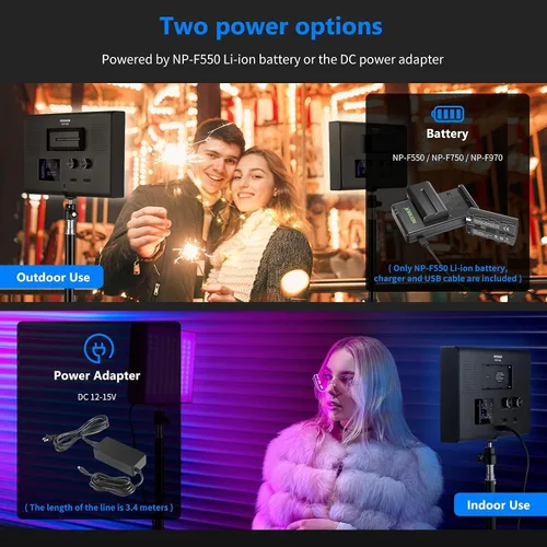 Vista 6 de NEEWER Paquete de 2 luces de video RGB con soportes de trípode NP-F550, kit de iluminación de panel LED de estudio para transmisión