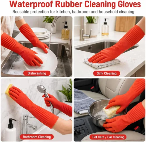Vista 8 de ThxToms Guantes de goma para limpieza de platos (2 pares), forro polar suave, reutilizables, impermeables, con puño extra largo y agarre