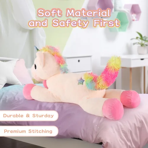 Vista 4 de Tezituor Juguetes de unicornio de peluche de 32 pulgadas, animales de unicornio gigante beige de peluche, encantadoras decoraciones de peluche