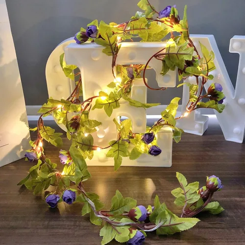 Vista 6 de Guirnalda de luces de simulación de rosas colgantes, guirnalda de plantas de seda, flores artificiales de seda, funciona con pilas, para decoración