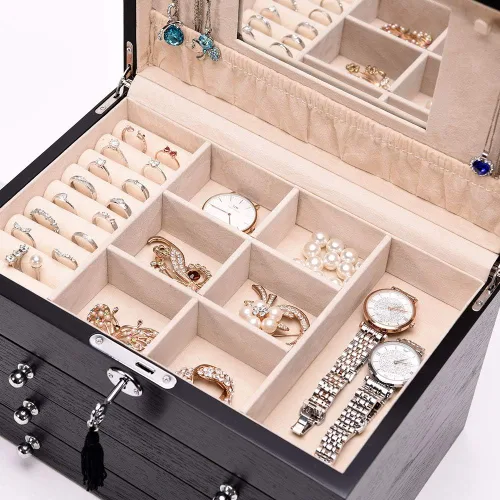 Vista 5 de TITISKIN Joyero grande de madera, joyero con espejo, caja de joyería con cerradura de 4 capas, caja de regalo, gabinete de joyería de escritorio