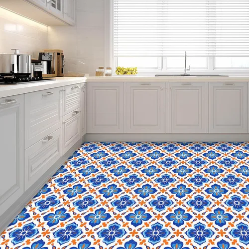 Vista 6 de IVN 10 azulejos de suelo de 12 x 12 pulgadas, diseño geométrico floral azul y naranja, autoadhesivas, removibles, autoadhesivas, calcomanías