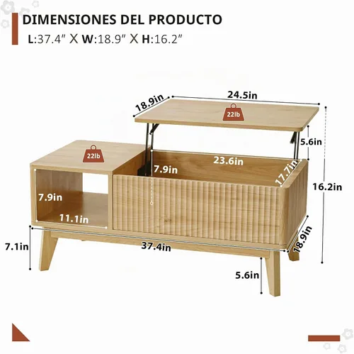 Vista 2 de LYNCOHOME Mesa de Centro con Tapa Elevable Acanalada con Almacenamiento, Mesa de Centro Moderna para Sala de Estar, Oficina en Casa (Natural)