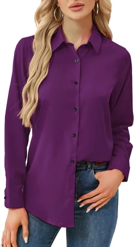 Vista 7 de Blusas de negocios para mujer, de manga larga, sin arrugas, con botones, ajuste clásico, cuello para el trabajo y la oficina