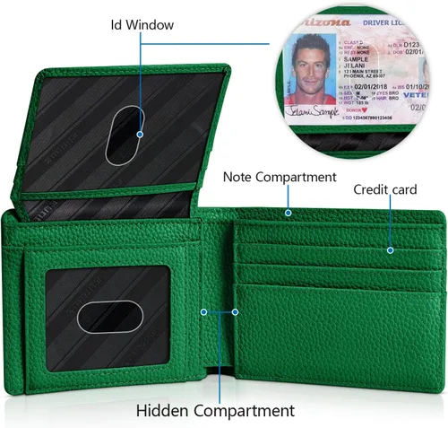 Vista 4 de RUNBOX Cartera para hombres Slim Rfid Leather 2 ID Window con caja de regalo, verde (New Litchi-Green), Minimalista