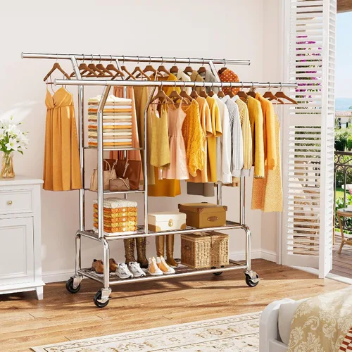 Vista 2 de Perchero resistente con ruedas para colgar ropa 4-Tier Shelves, Extendable Rod, Stainless Steel, Rolling Clothing Rack, Garment Rack Load Over 630