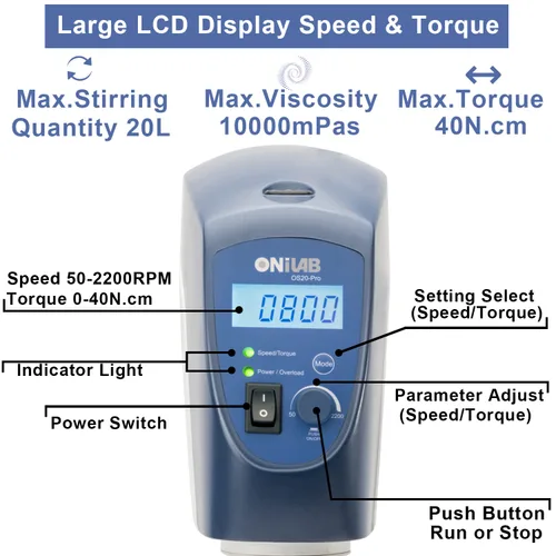 Vista 3 de ONiLAB Agitador Eléctrico Superior, Mezclador Agitador Superior Digital LCD con Varilla de Agitación y Soporte, Potente 20L, 10000 mPas, 50~2200RPM