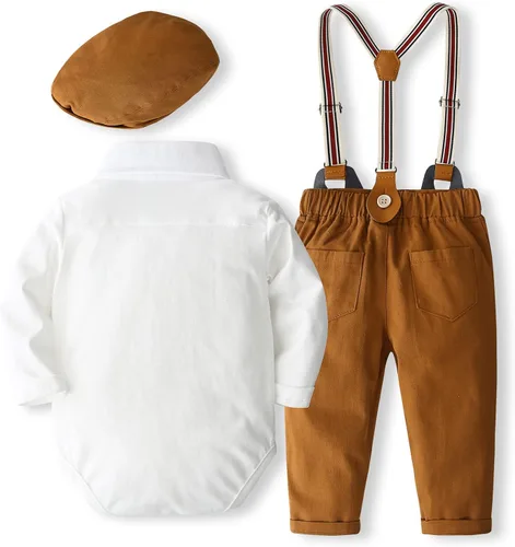 Vista 2 de SALNIER Conjunto de ropa de traje de bebé niño esmoquin trajes de caballero trajes de corbatín camisa tirantes pantalones boina sombrero