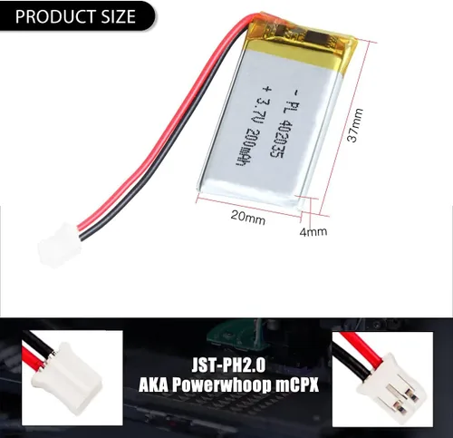 Vista 2 de 3.7V 200mAh 402035 Lipo batería recargable batería de iones de polímero de litio con conector JST