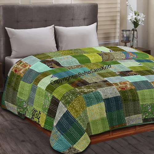 Vista 20 de Boho Sanskriti Colcha de seda india Kantha de retazos de seda tamaño Queen Twin Patola Colcha Negro
