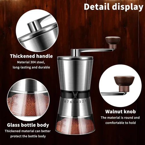 Vista 4 de Molinillo de café manual, capacidad de 6.53 oz con rebaba cónica de molienda de cerámica de 1.417 in, ajuste ajustable externo de 8 velocidades