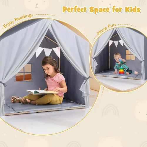 Vista 9 de Costzon Large Kids Tent with Mat, Children's Play Tent w/Flag Banner, Windows, Gauze Curtain, Solid Wood Frame, Indoor Outdoor Kids Playhouse for