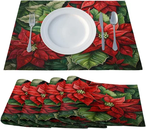 Vista 2 de Juego de 4 manteles individuales con diseño de flor de pascua de Navidad, lavables, impermeables, para decoración de mesa de comedor, 18 x 12