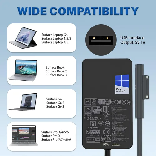 Vista 9 de Cargador original para portátil de 65 W, 44 W, 1796, 1706, 1800, 1625, compatible con Microsoft Surface Pro 10 9 8 7+ 7 6 Windows 5 4 3 2 Fit