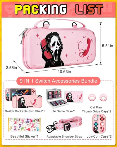 Vista 3 de Xinocy Kit de accesorios de almacenamiento 9 en 1 para Nintendo Switch con funda de transporte de viaje, funda protectora para interruptor+soporte