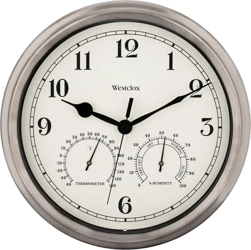 Vista 9 de Westclox Reloj de pared para interiores y exteriores con medidores de temperatura y humedad, resistente a la intemperie, precisión de cuarzo Bronce