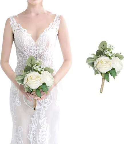Vista 12 de Ramo de dama de honor artificial para boda, ramo de flores de seda prefabricadas de 7 pulgadas, ramo de flores pequeñas para dama de honor