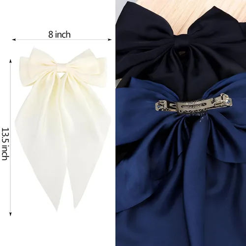 Vista 6 de Velscrun Lazos para el cabello para mujeres y niñas, 3 unidades, lazo blanco, lazo negro, azul marino, lazos grandes para el cabello con clip, lazos