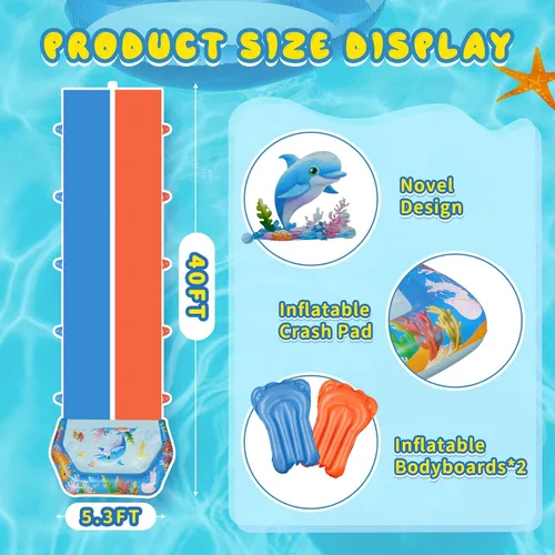 Vista 2 de Toboganes de agua dobles de 40 pies para niños y adultos, toboganes de agua extralargos con 2 bodyboards, resistentes, juguetes inflables gigantes