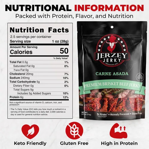 Vista 3 de Jerzey Jerky Brisket Jerky - Beef Snacks, Carne Asada 1-Pack, 2.5oz