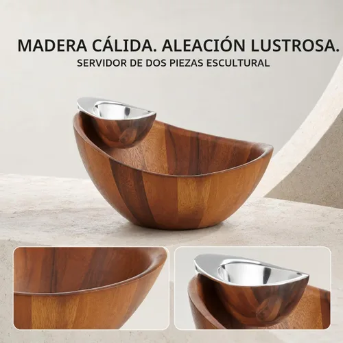 Vista 2 de Nambe - Colección Serveware - Harmony Chip y cuenco de inmersión - Mide 12 x 6.5 pulgadas - Fabricado con madera de acacia y aleación nambe