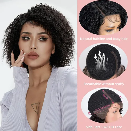 Vista 3 de QUEEN VIRGIN REMY QVR - Pelucas de cabello humano corto y rizado con corte Pixie de 13 x 5 x 1 pulgadas, pelucas de encaje frontal con cabello