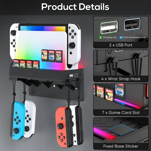 Vista 5 de Switch Wall Mount for Nintendo Switch and Switch OLED,Game Holder Stand with RGB Light,Console Shelf for Charging Dock,7 Game Card,4 Controller