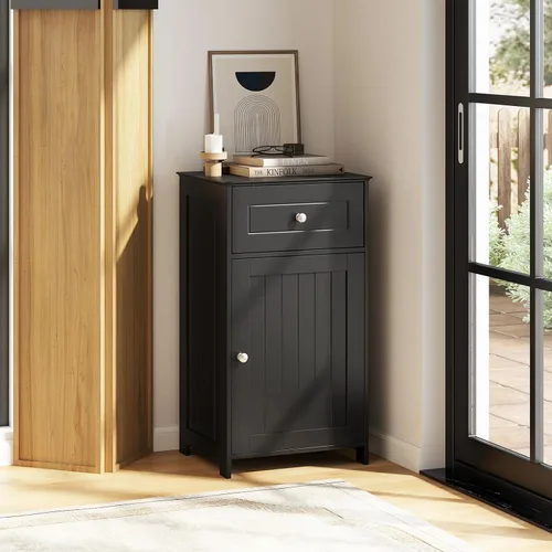 Vista 4 de Giantex Armario de almacenamiento de baño de piso, gabinete independiente con cajón, puerta, estante ajustable, dispositivo antivuelco, organizador