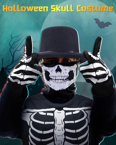 Vista 7 de Panitay 5 Pcs Halloween Skeleton Costume for Men Skeleton Rib T-Shirt Bone Gloves Walking Cane Ghost Mask for Cosplay Party