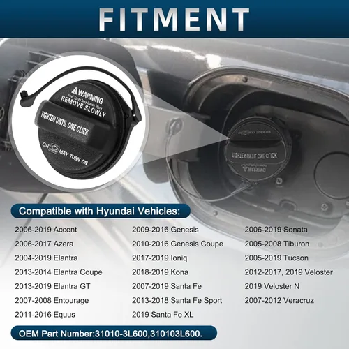 Vista 2 de Tapa de tanque de combustible Compatible con 2006-2019 Hyundai Accent, Azera, Elantra, Elantra GT, Entourage, Equus, Genesis, Genesis Coupé, Santa