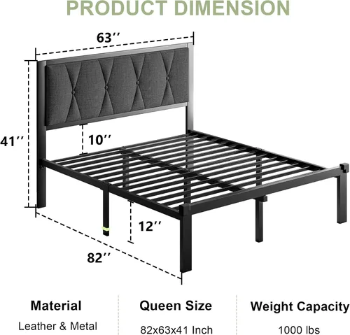 Vista 2 de Feonase Base de cama de metal tamaño Queen con cabecera capitoné con botones de tela, cama de plataforma con listones de metal resistentes, espacio