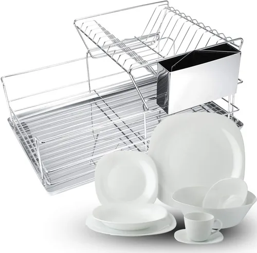 Vista 7 de Escurridor de platos, escurridor de platos de 2 niveles con escurridor, escurridor de platos de acero inoxidable con soporte para cubiertos