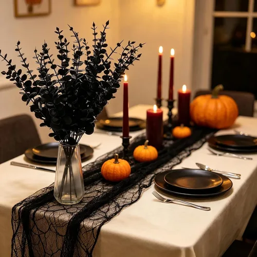 Vista 5 de Tinsow 26 Tallos de Eucalipto Artificial Negro Flores Falsas de Halloween Eucaliptos Hojas de Tacto Real Centro de Mesa Decoración para el Hogar