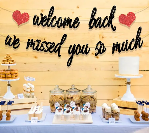 Vista 3 de Decoraciones de bienvenida, pancarta con purpurina con texto en inglés "We Missed You So Much", decoración patriótica de bienvenida a casa, militar