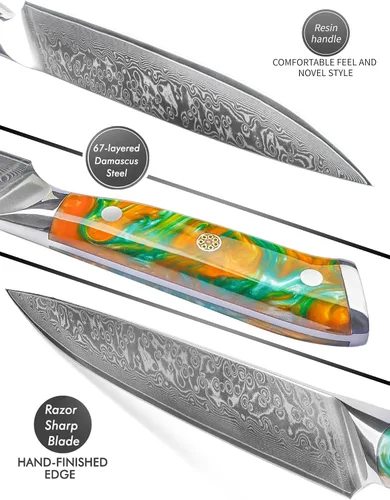 Vista 3 de Cuchillo para cortar carne de acero Damasco VG10 de 9 pulgadas, mango naranja de fantasía de resina