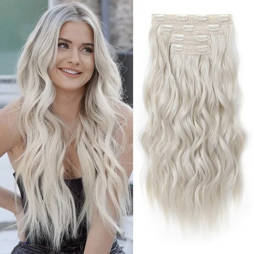 Vista 13 de REECHO Extensiones de cabello con pinza, 4 piezas de extensiones de cabello rubio de 24" de largo, ondas de playa gruesas, HE003, trama de encaje