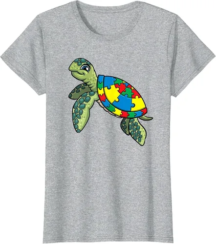 Vista 54 de Turtle Puzzle Pieces for Autism Awareness Kids Women Teacher T-Shirt Asphalt Grey