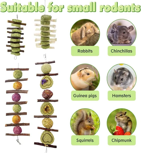 Vista 6 de Hamiledyi 4 juguetes masticables de conejo, juguetes para moler dientes, palitos de frutas naturales, pasteles de hierba Timothy orgánicos, juguetes