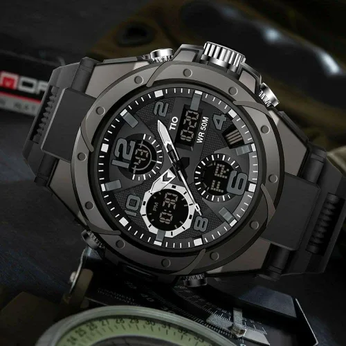 Vista 3 de Reloj para hombre TIO, militar, cronógrafo, digital, deportivo, resistente a los golpes y al agua, 5 ATM, negro, Negro, Deporte, casual, a la moda