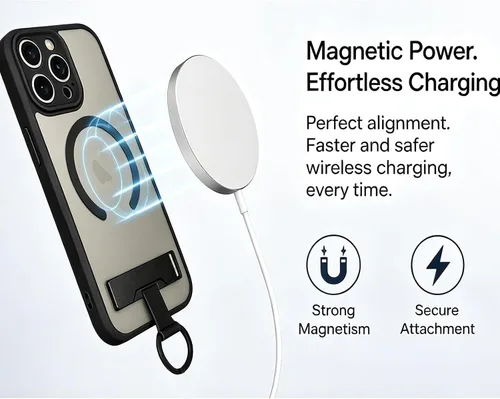 Vista 4 de Funda para iPhone 16 Pro Max, compatible con Magsafe, color negro Funda magnética mate translúcida, agarre de anillo de dedo, soporte ajustable