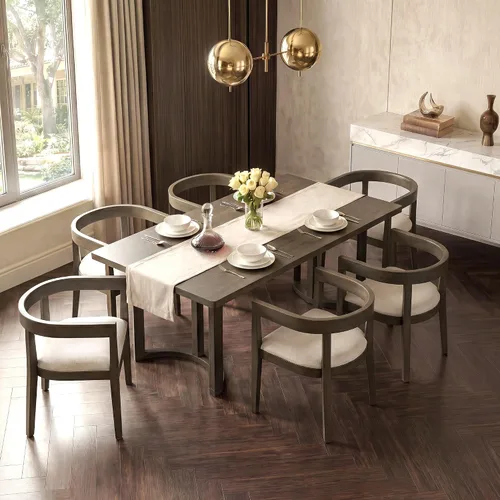 Vista 22 de Juego de mesa de comedor rústica de 6 piezas con mesa rectangular de caballete y 4 sillas tapizadas y banco, juego de mesa de comedor de cocina