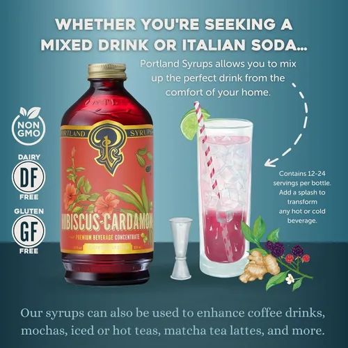 Vista 3 de Jarabe de Hibisco y Cardamomo de Portland Syrups - Elabora Exquisitos Cócteles, Bebidas sin Alcohol, Té, Refrescos, Bebidas de Café y Más - 12 onzas