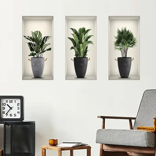 Vista 2 de Calcomanías de pared de plantas verdes 3D, calcomanías de pared en macetas tropicales, vinilo creativo para despegar y pegar, decoración de pared
