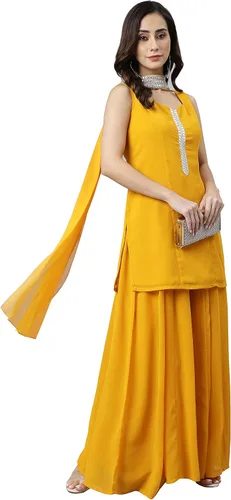 Vista 2 de Janasya Kurta de Georgette de mostaza india con Kali Palazzo y Dupatta