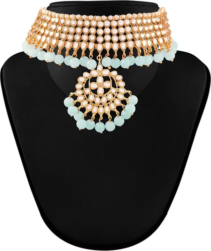 Vista 3 de I Jewels - Gargantilla o collar ajustado Kundan de la India, inspirado en Bollywood, chapado en oro y con perlas. Juego de joyería para mujer (K7058)