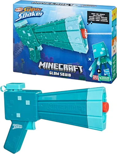 Vista 9 de Nerf Super Soaker Minecraft Glow Squid Water Blaster, Minecraft Dungeons Squid Mob, juguete de agua al aire libre, juegos al aire libre para niños
