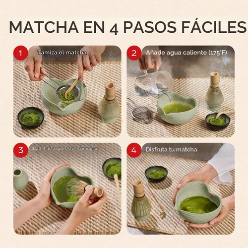 Vista 5 de Rehny's Juego de batidor Matcha Juego completo de matcha verde con cuenco en forma de corazón, batidor de bambú, soporte, tamiz de acero