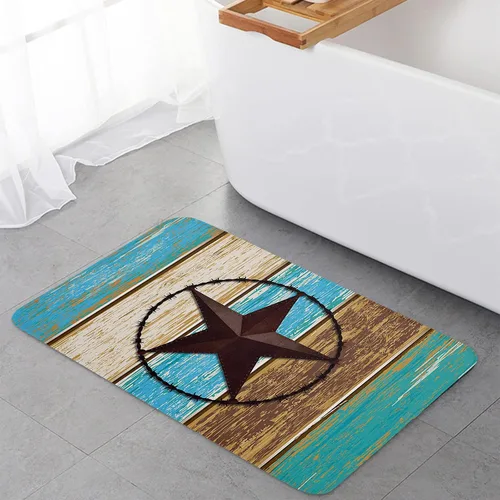 Vista 5 de Tapete para puerta de estilo rústico occidental, con estrella en azul, verde azulado, marrón, grano de madera, absorbente, tapete de baño