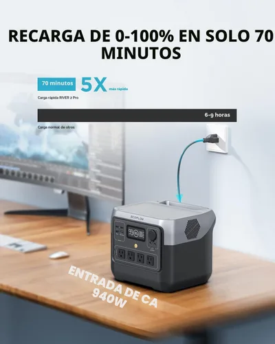 Vista 2 de EF ECOFLOW Estación de energía portátil RIVER 2 Pro, batería LiFePO4 de 768 Wh, carga rápida de 70 minutos, 4 salidas de CA de 800 W