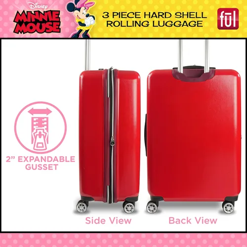 Vista 3 de FUL Disney Minnie Mouse Patchwork - Juego de equipaje con ruedas de 3 piezas, maleta rígida con ruedas, 21, 25 y 29 pulgadas, color rojo, Rojo